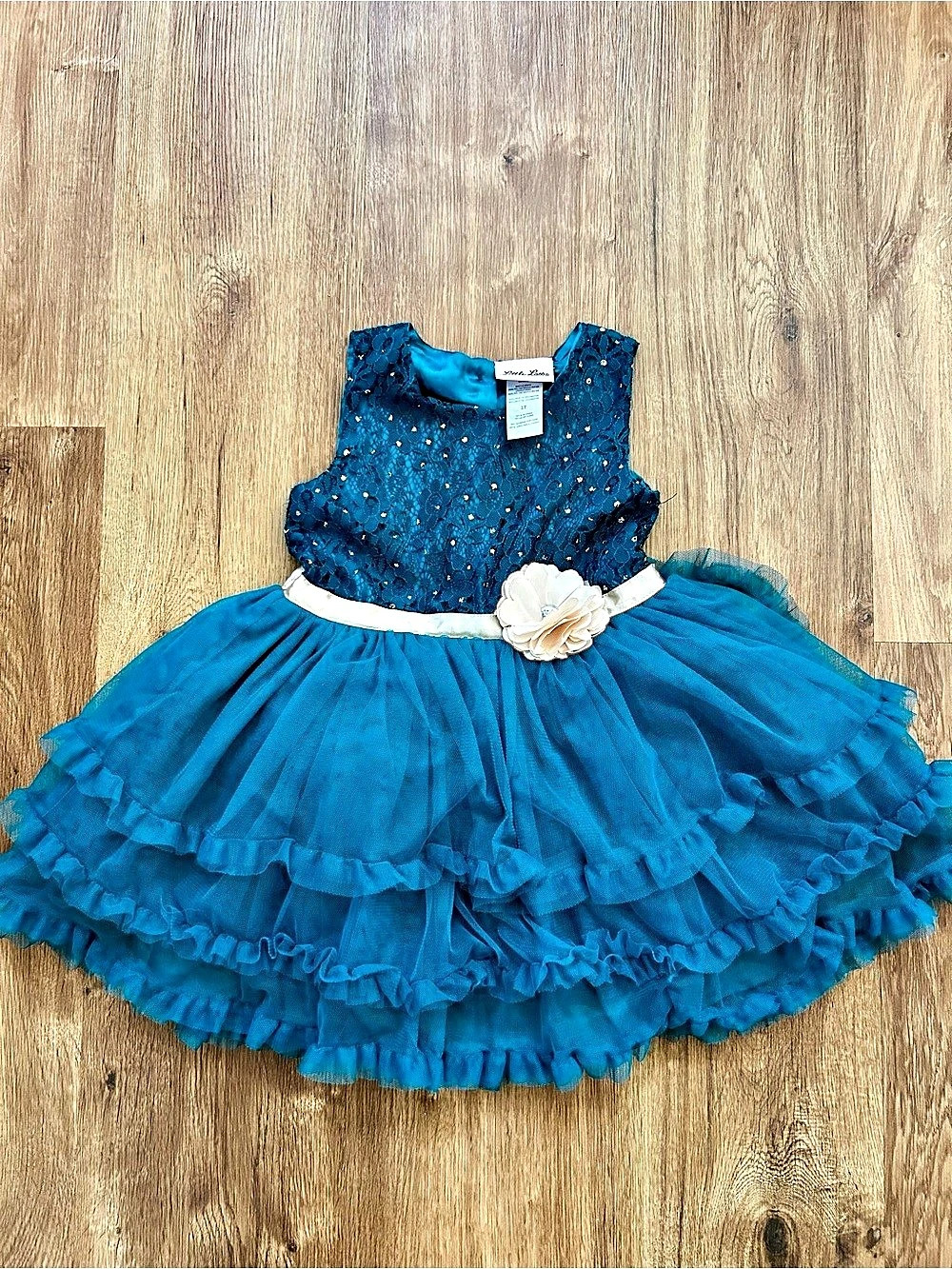 Little Lass Girls 3T Blue Floral Lace Party Dress Like New